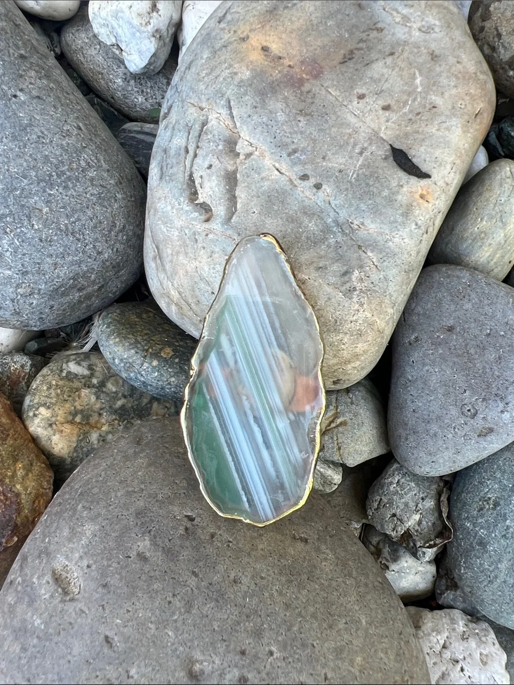 Striped Agate Statement Ring with Gold Edge